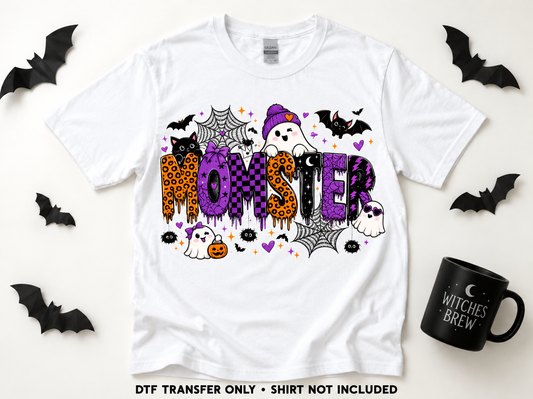 Momster — Purple & Orange transfer styling mockup — shirt not included
