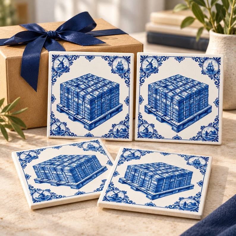 Set of four blue and white money art tiles