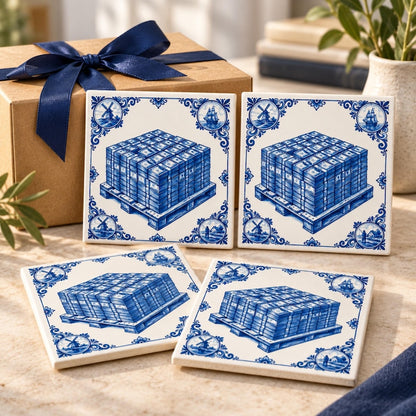 Set of four blue and white money art tiles