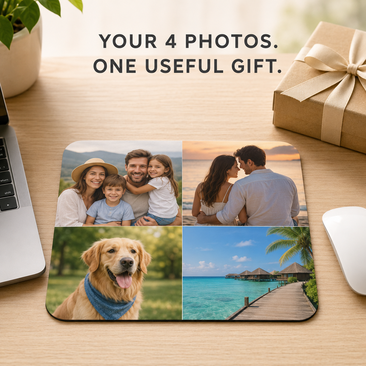 Four-photo personalized mousepad gift on a desk