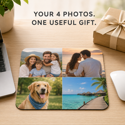 Four-photo personalized mousepad gift on a desk