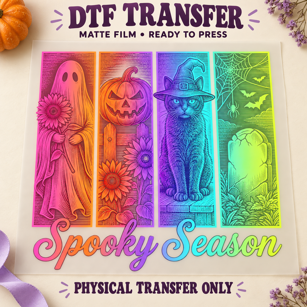 Spooky Season — Rainbow Halloween Panels printed beneath matte DTF film