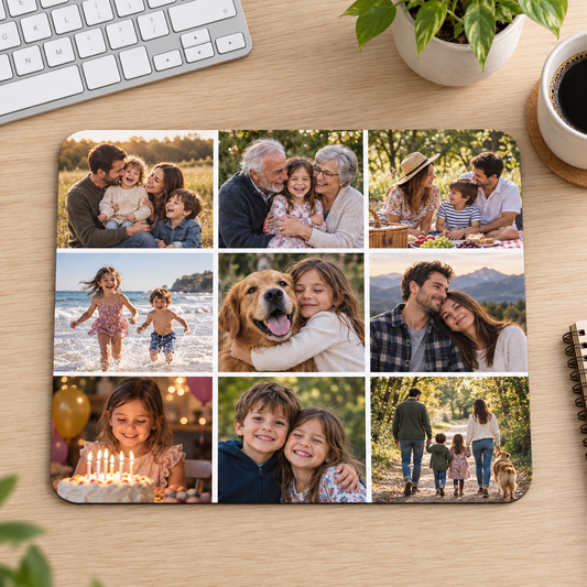 Personalized nine-photo family collage mousepad in a 3 by 3 grid