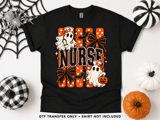 Halloween Nurse — Ghosts & Orange Bows transfer styling mockup — shirt not included
