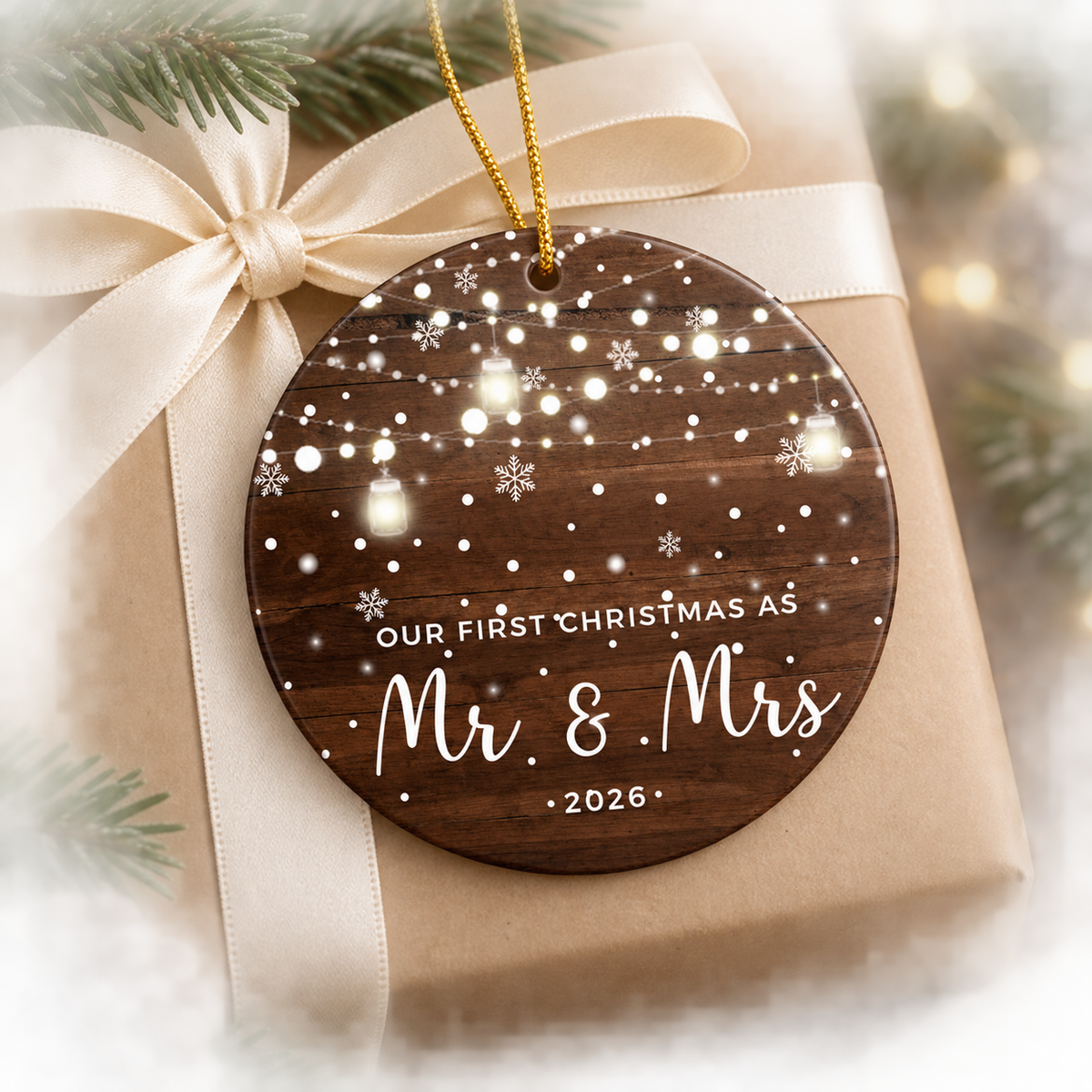 Mr and Mrs 2026 poly ornament gift presentation
