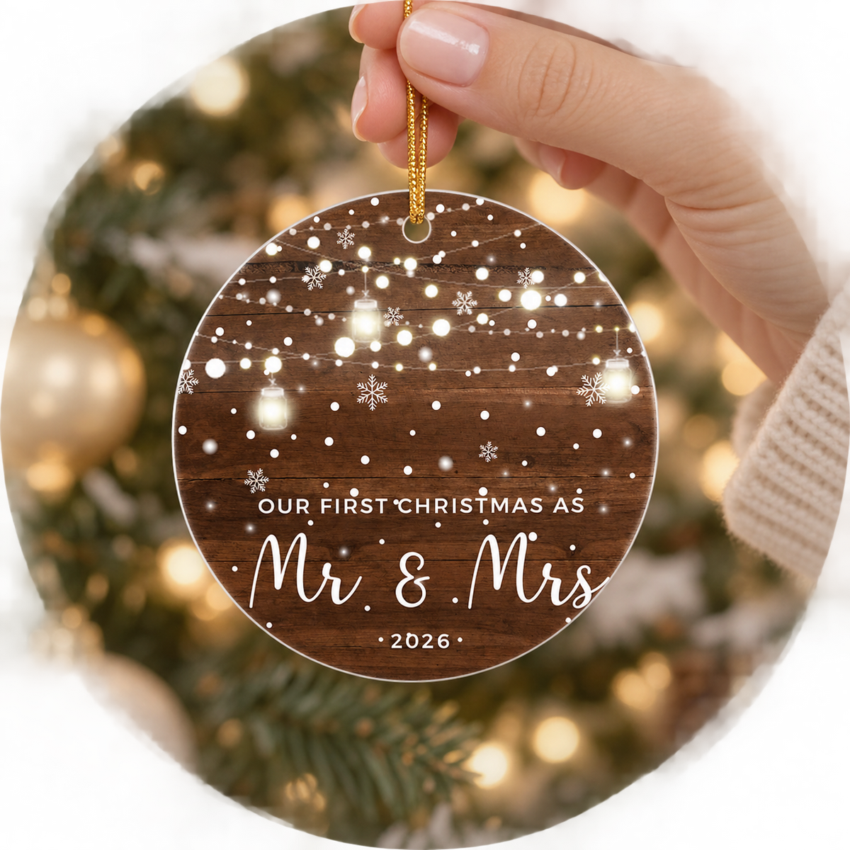 Hand holding round poly Christmas ornament with gold thread