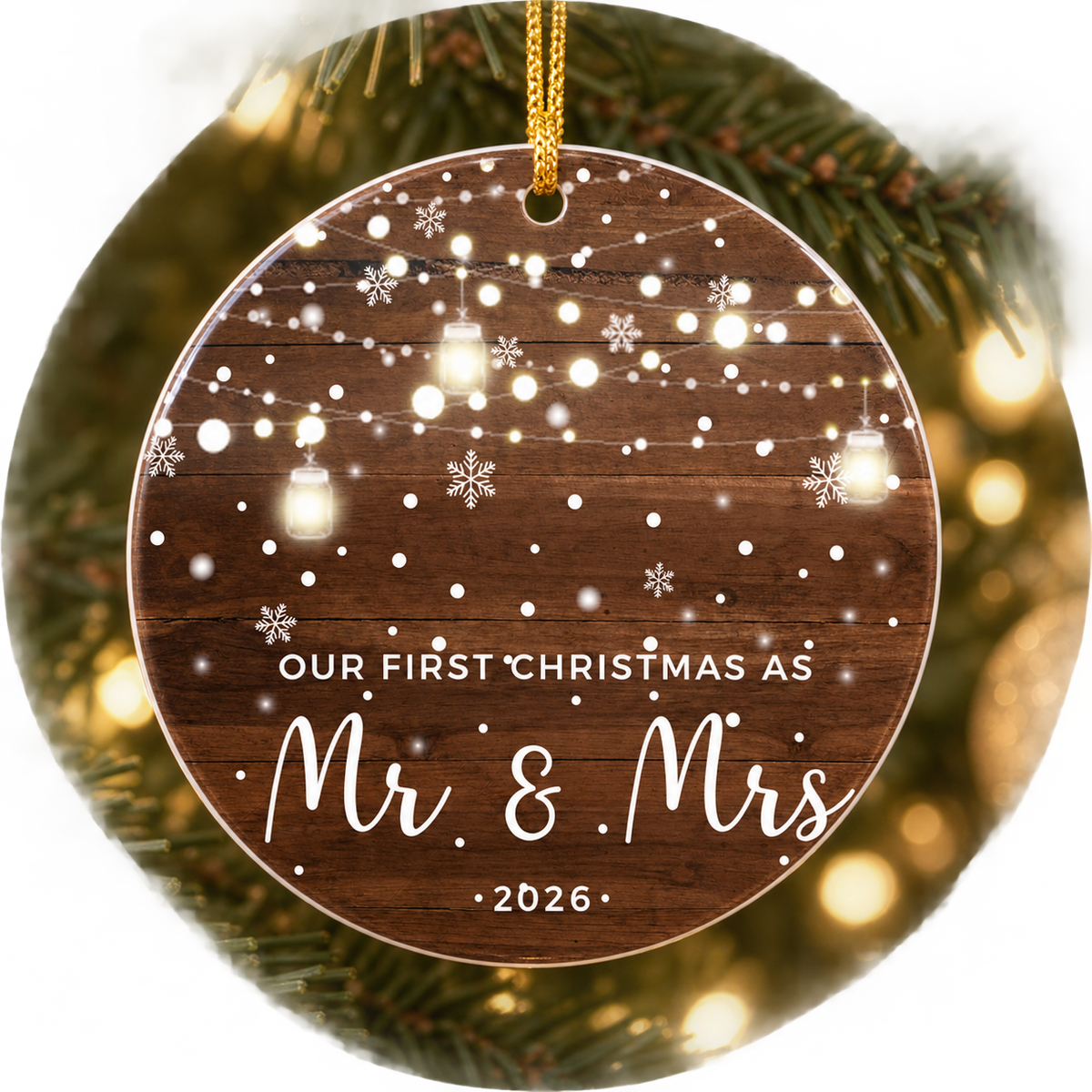 Our First Christmas Mr and Mrs 2026 poly ornament hanging with gold thread