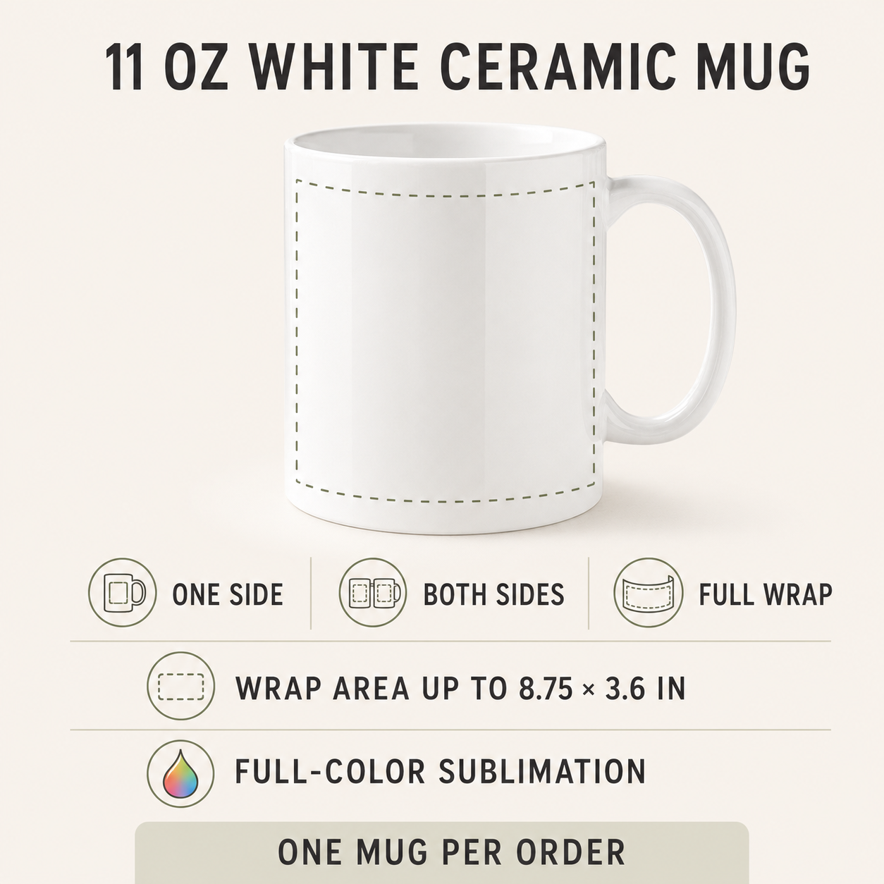 11 oz white ceramic mug details, sublimation printing, and full-wrap area