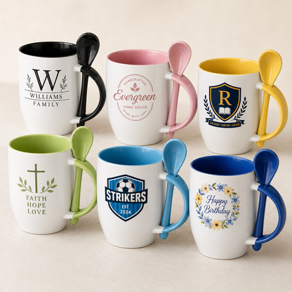 Personalized 12oz ceramic spoon mugs in black pink yellow light blue light green and blue