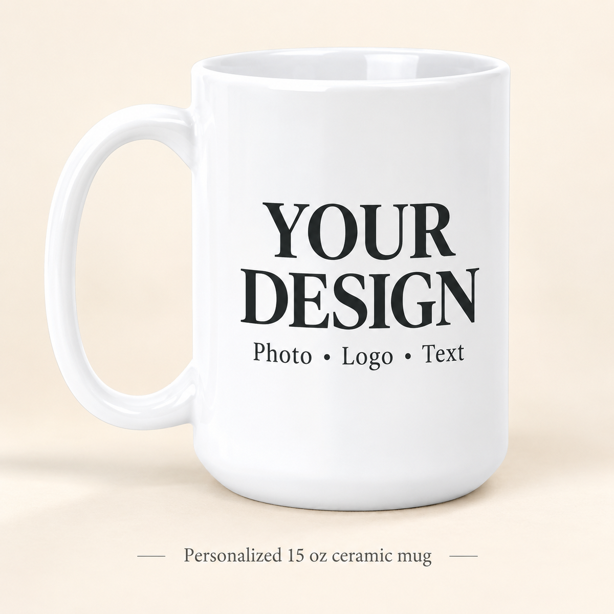 White 15 oz ceramic mug with example photo, logo or text personalization