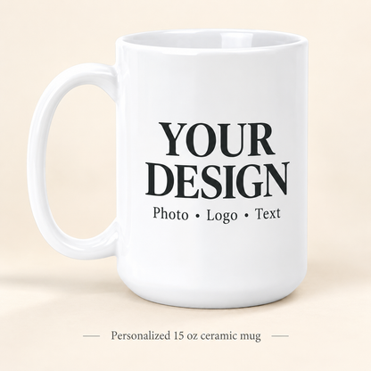 White 15 oz ceramic mug with example photo, logo or text personalization