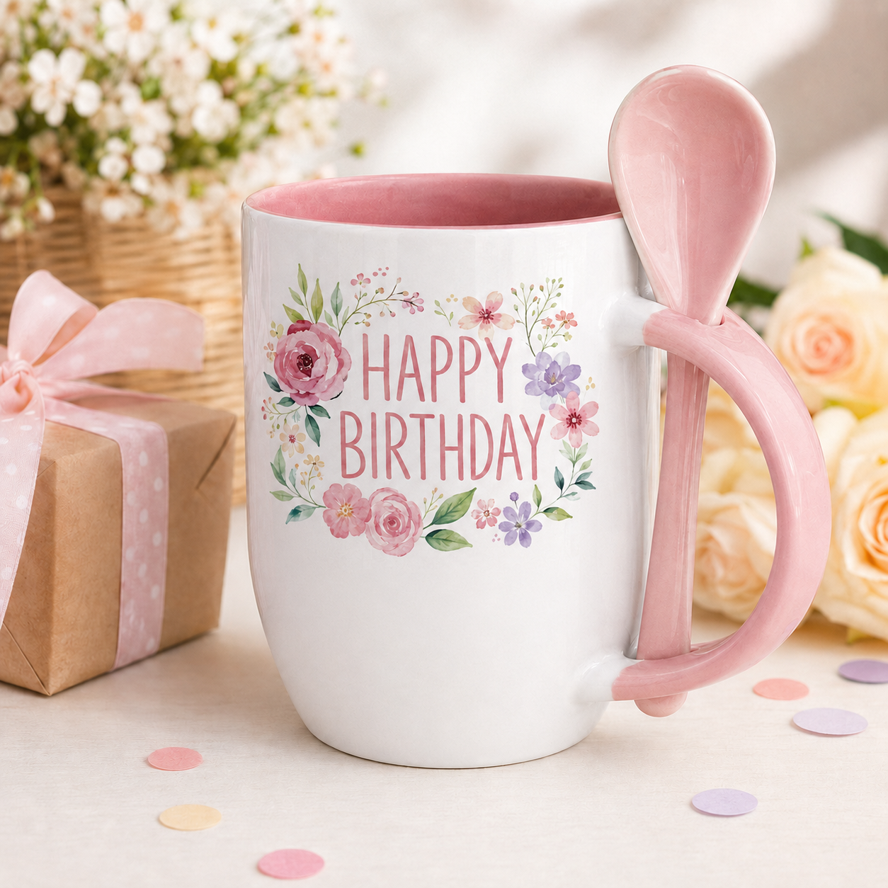 Pink 12oz ceramic spoon mug with personalized birthday design