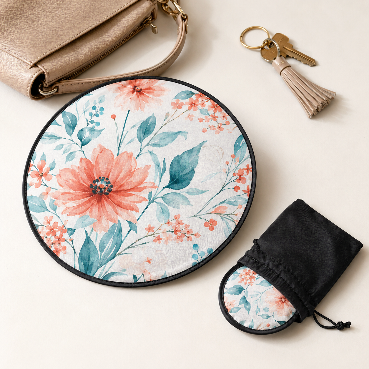 Personalized foldable round disc fan shown open and compact in its included storage pouch