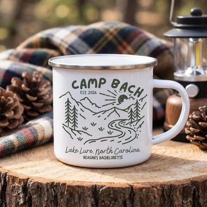 Custom 12oz enamel camp mug with personalized mountain design