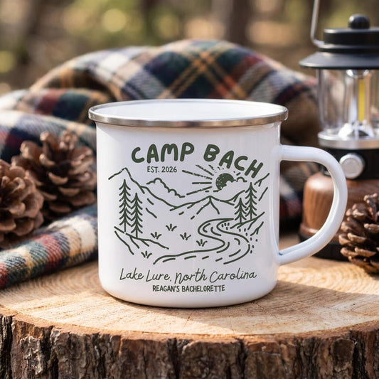 Custom 12oz enamel camp mug with personalized mountain design