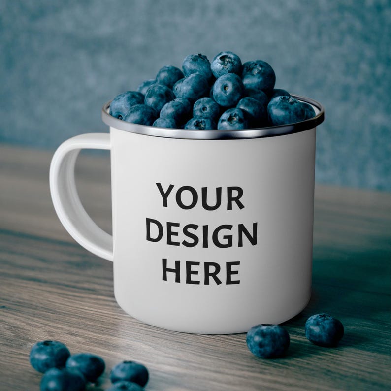 Personalized 12oz white enamel camping mug with silver rim