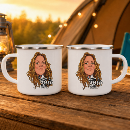 Both-sides print option shown on a personalized 12oz enamel camping mug