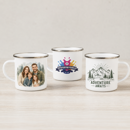 Photo logo and text customization ideas for a 12oz enamel mug