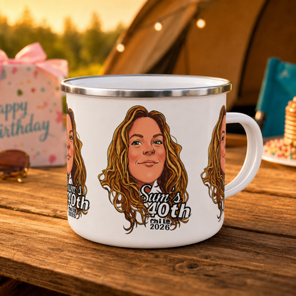 Full-wrap print option on a personalized 12oz enamel camping mug