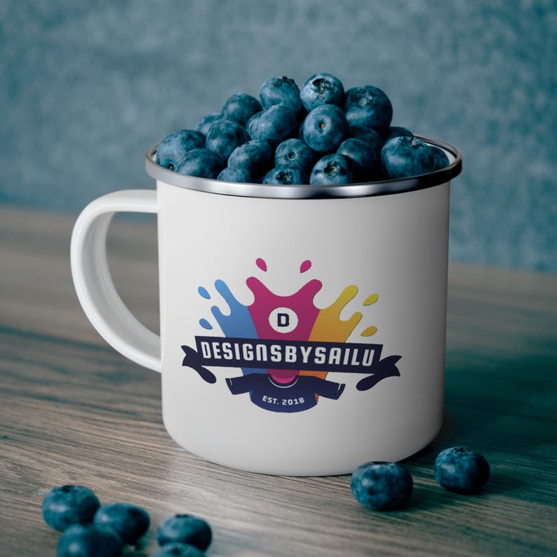 Custom logo printed on a 12oz white enamel mug