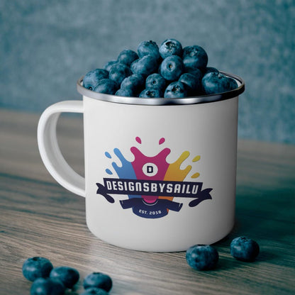 Custom logo printed on a 12oz white enamel mug