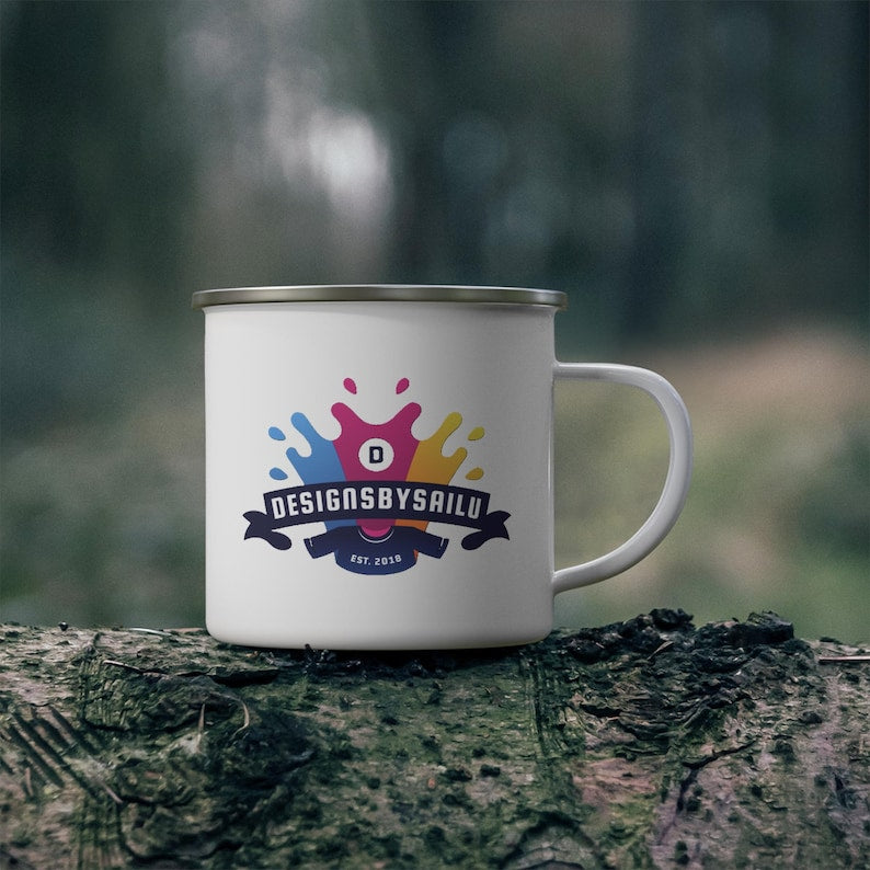 White enamel camping mug customized with a business logo