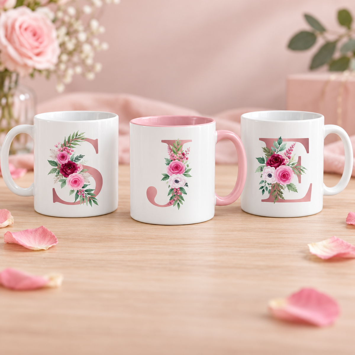 Personalized floral initial mug examples in white and pink
