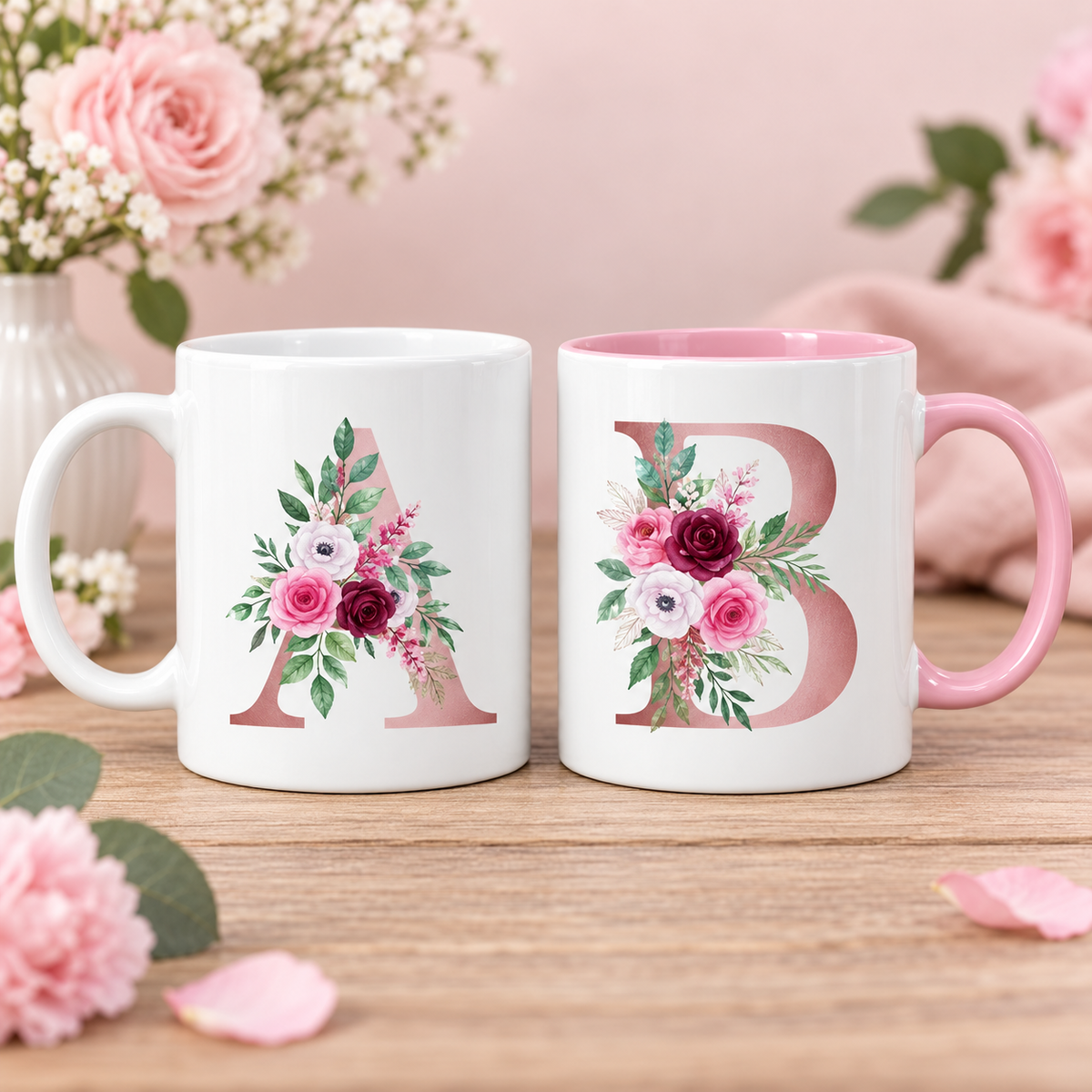 Personalized floral monogram 11 oz mugs in white and pink inner handle colors