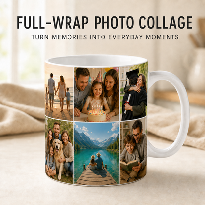 Personalized 11oz ceramic mug with edge-to-edge full-wrap family photo collage