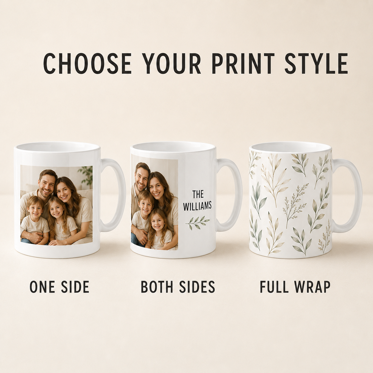 One-side, both-side, and full-wrap printing options for a custom white mug