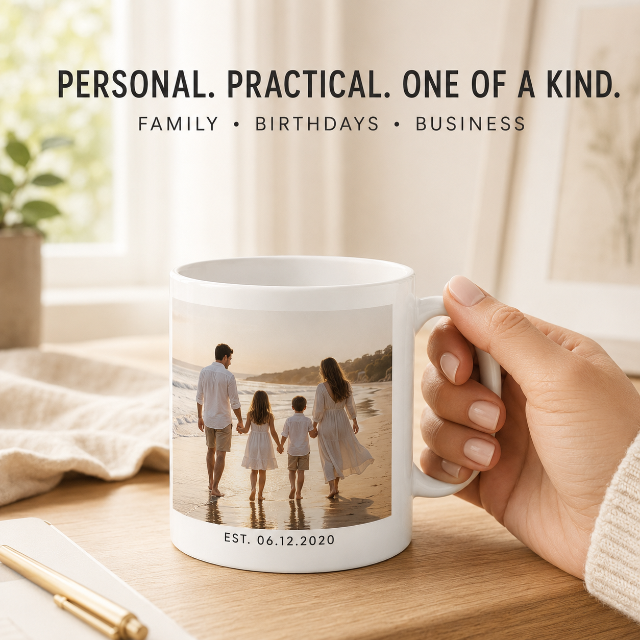 Personalized family photo mug shown as an everyday custom gift
