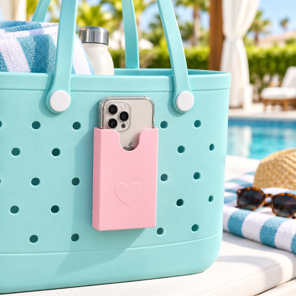 Pink phone holder mounted on aqua perforated tote