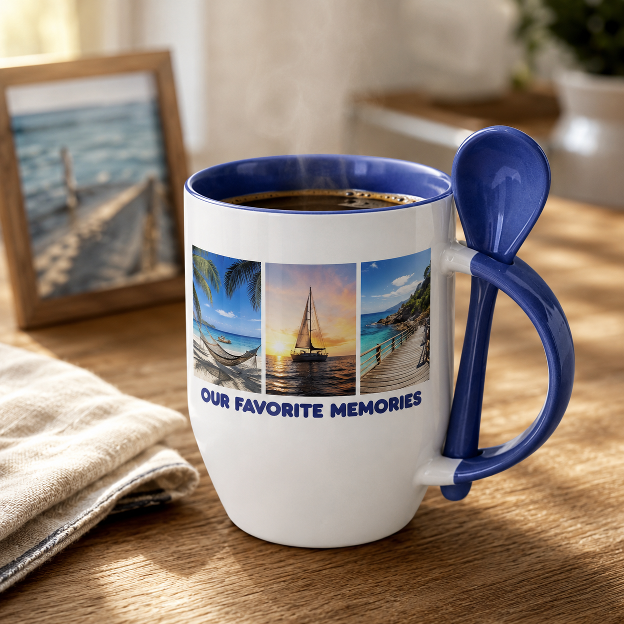 Blue 12oz ceramic spoon mug with custom photo collage