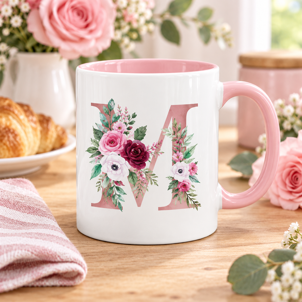 Pink inner and handle 11 oz floral monogram mug with custom initial