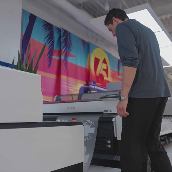 Silent DTF printing and finished-transfer demonstration, edited from Epson SureColor G6070 footage