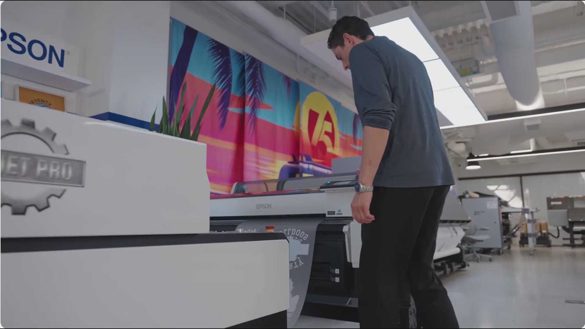 Silent DTF printing and finished-transfer demonstration, edited from Epson SureColor G6070 footage
