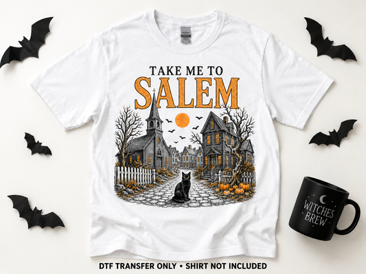 Take Me to Salem — Vintage Halloween Town transfer styling mockup — shirt not included