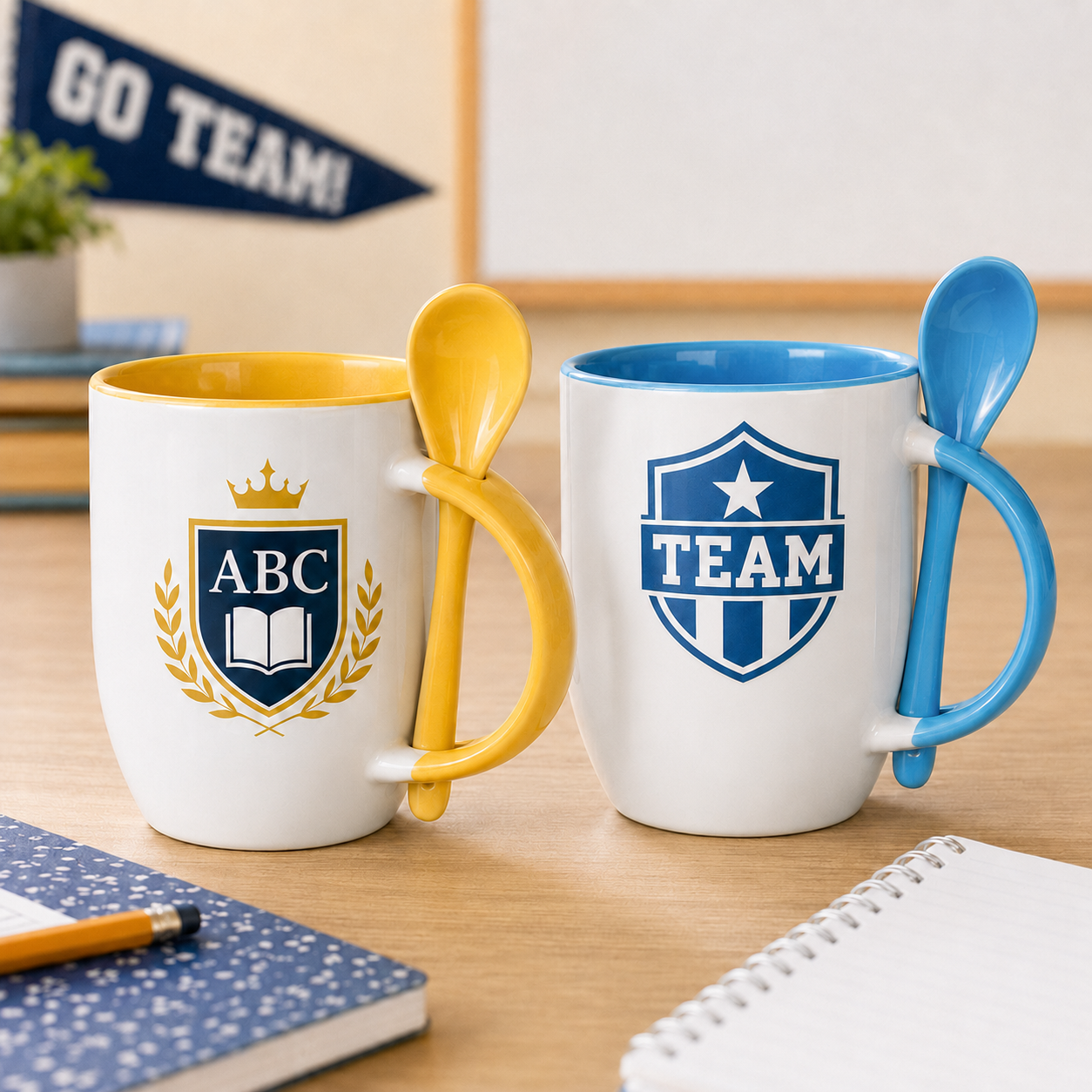 Yellow and light blue ceramic spoon mugs with school and team designs