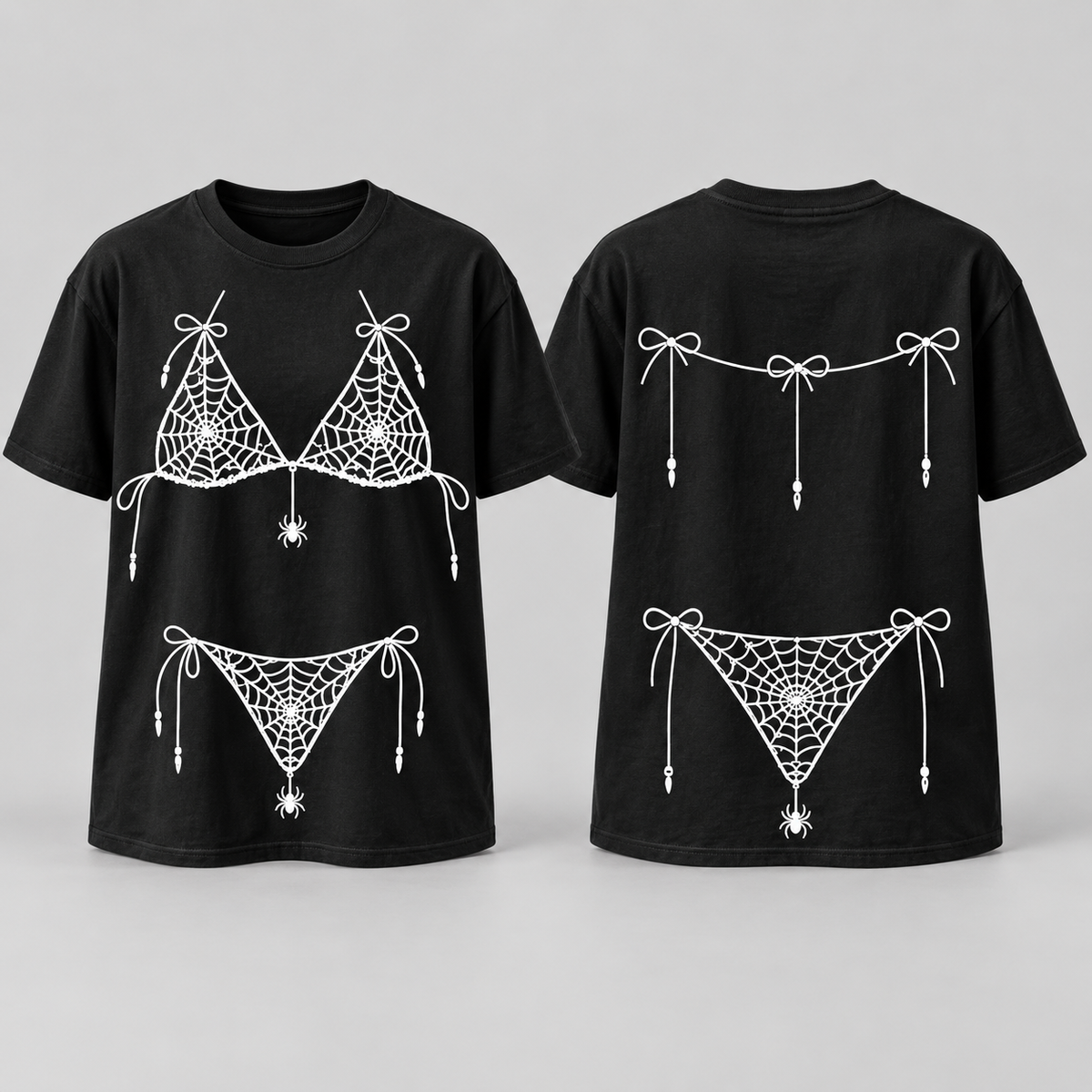 Black spider-web bikini Halloween shirt shown with matching front and back prints