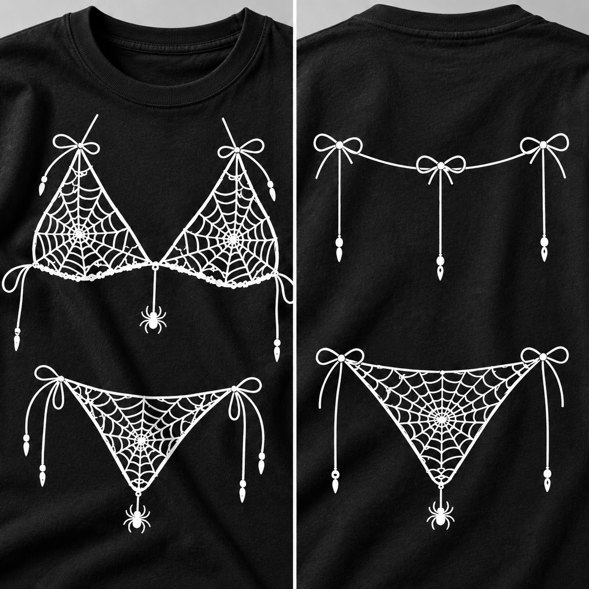 Close-up details of front and back white spider-web prints on black shirt