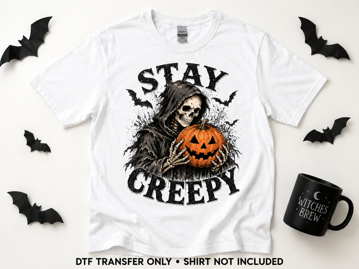 Stay Creepy — Reaper & Pumpkin transfer styling mockup — shirt not included