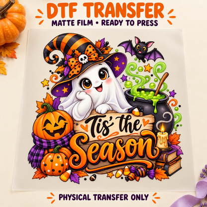 Tis the Season — Cute Witch Ghost printed beneath matte DTF film