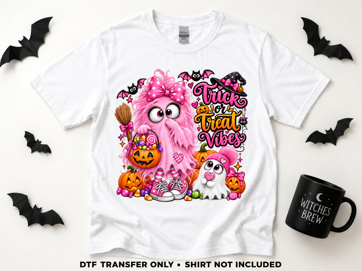 Trick or Treat Vibes — Pink Ghost transfer styling mockup — shirt not included