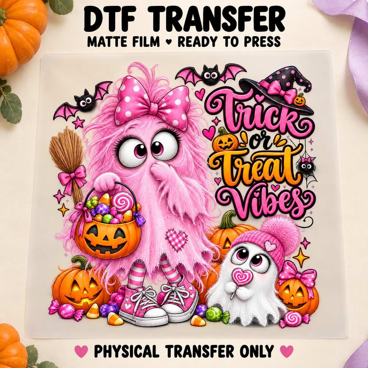 Trick or Treat Vibes — Pink Ghost printed beneath matte DTF film