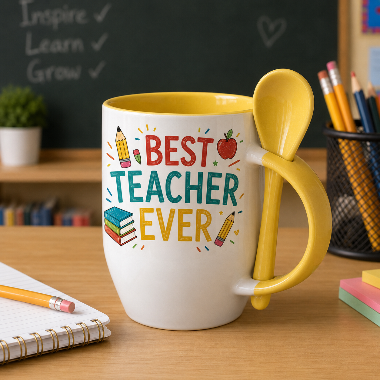 Yellow ceramic spoon mug with custom teacher appreciation design